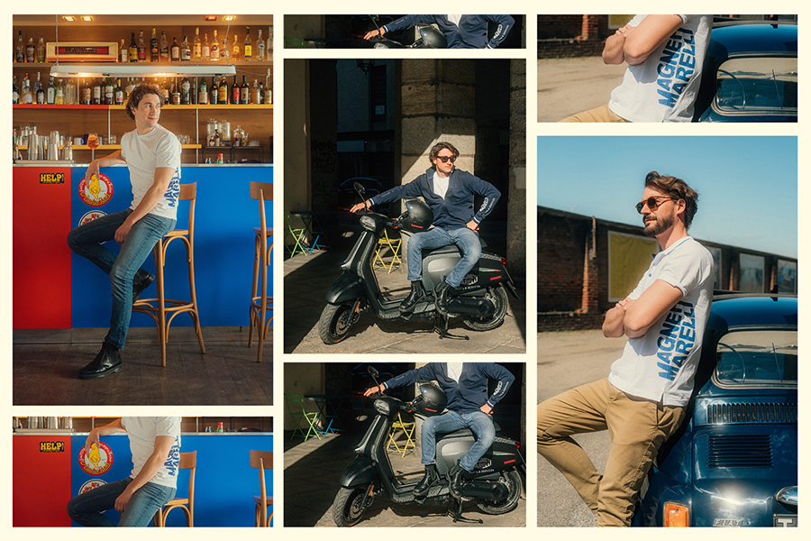 Collage of the new Magneti Marelli Parts & Services casual clothing line, including t-shirt, polo shirt and sweatshirt