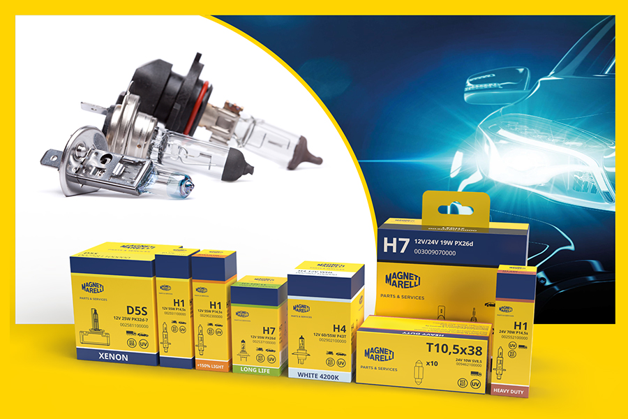 Three types of Magneti Marelli Parts & Services bulbs in the foreground, representative of the technological offering. In the background, the packaging of the different product lines, each characterised by its own type of bulb. In the background, part of the silhouette of a vehicle with the headlamp on, symbol of innovation and performance.