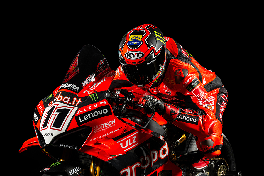 Nicolò Bulega riding the Ducati Panigale V4 R number 11 in a red Magneti Marelli Checkstar branded suit and helmet during the Superbike World Championship 2025