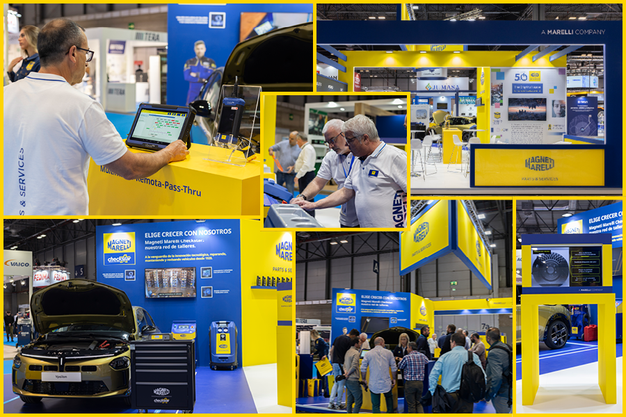 Collage of the Magneti Marelli Parts & Services stand at Motortec 2025 with products, visitors and team at the show.