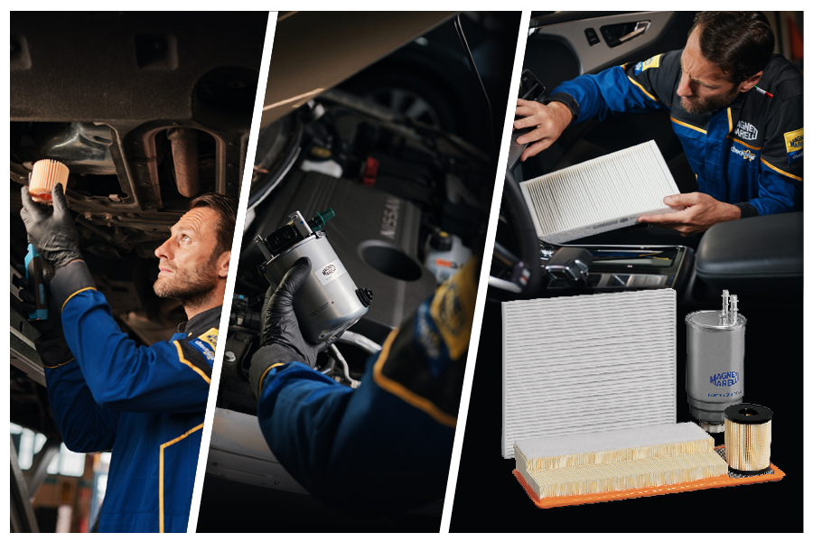 Magneti Marelli Checkstar suit mechanic applies car filters: engine oil, diesel fuel filter and passenger compartment filter. Highlights full range of Magneti Marelli Parts & Services filters.