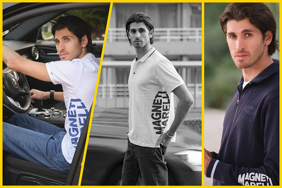 Antonio Giovinazzi wearing Magneti Marelli Parts & Services appareal: white t-shirt, white polo shirt and blue hoodie