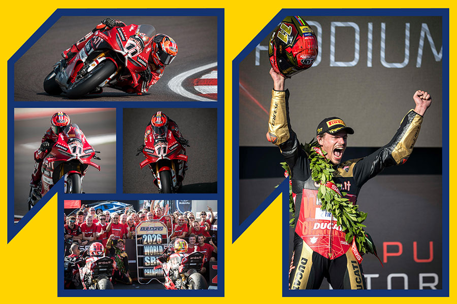 Nicolò Bulega 2026 SBK champion racing, with the Ducati team and on the podium, Magneti Marelli Checkstar logo on his helmet
