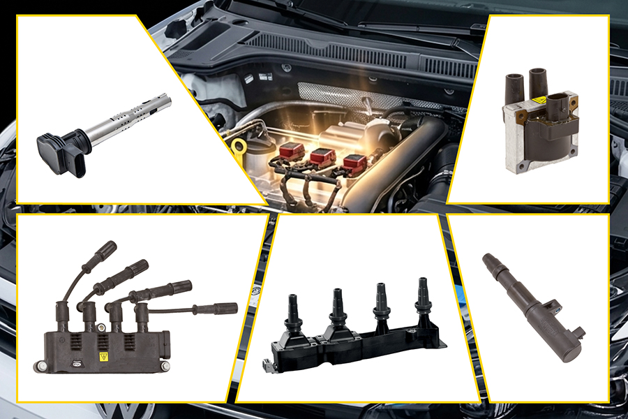 OE ignition coils on engine and various aftermarket types: pencil, standard, plug top and coil near plug