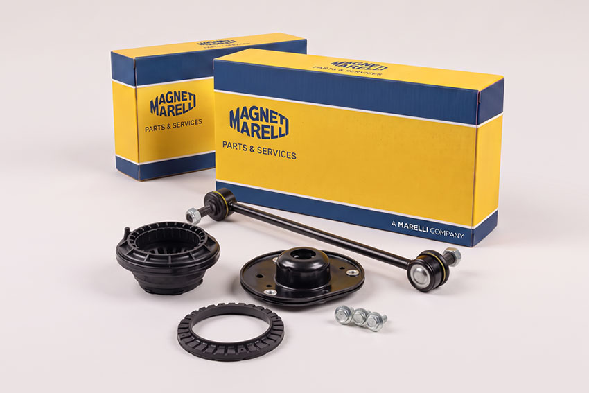 Magneti Marelli Parts & Services packaging boxes and components from the shock absorber accessory kit and stabilizer bar link range
